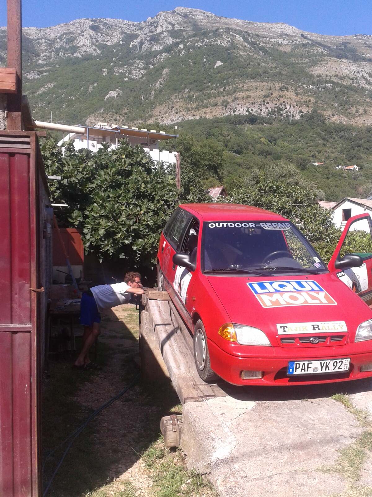 Rally car on a lift in Montenegro